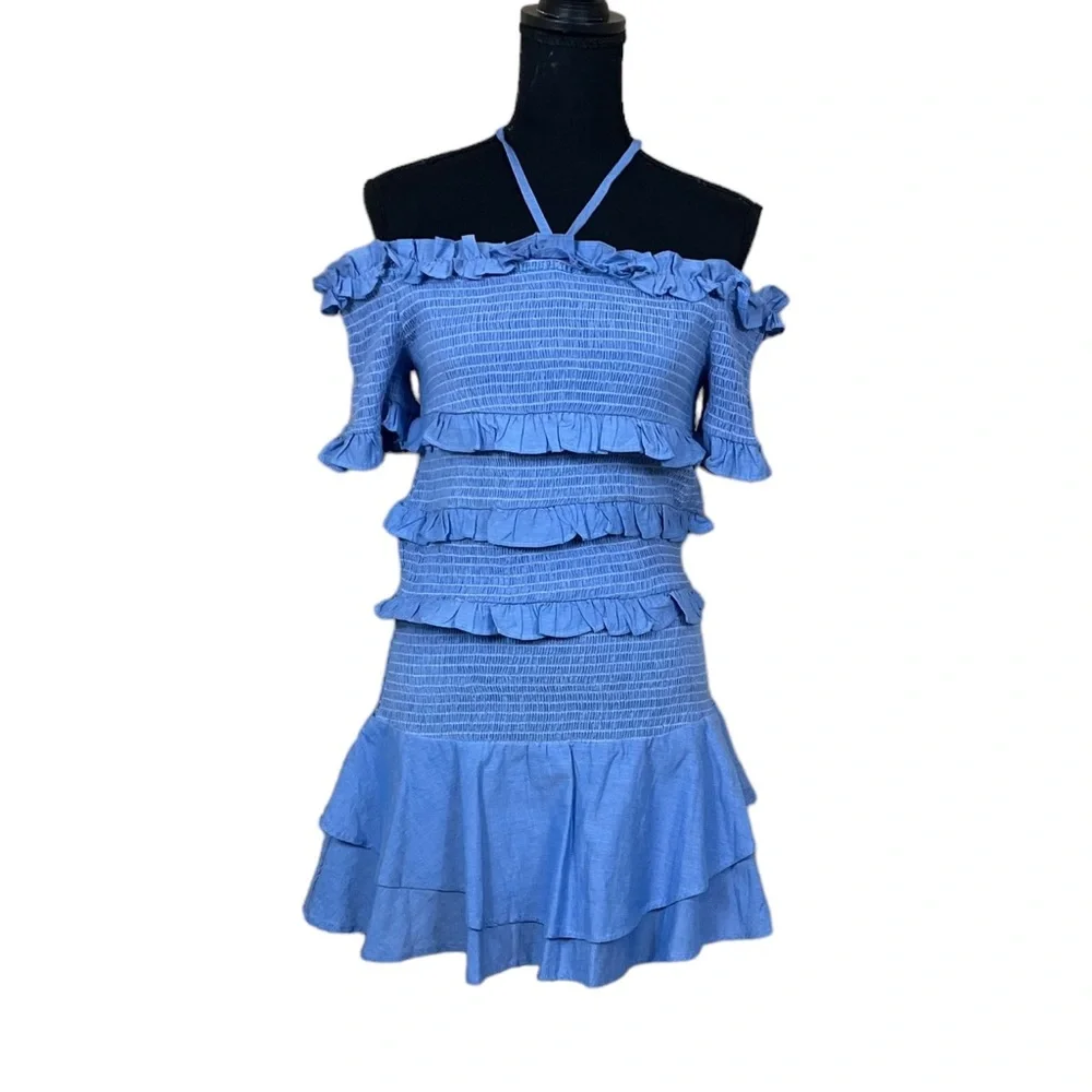 Red Carter “Casella” Smocked Chambray Off-Shoulders Dress NWT